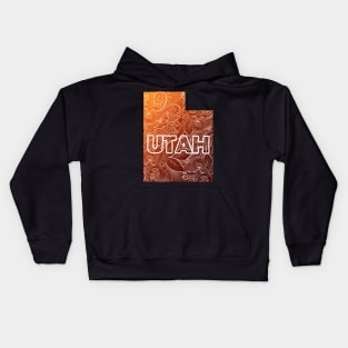 Colorful mandala art map of Utah with text in brown and orange Kids Hoodie